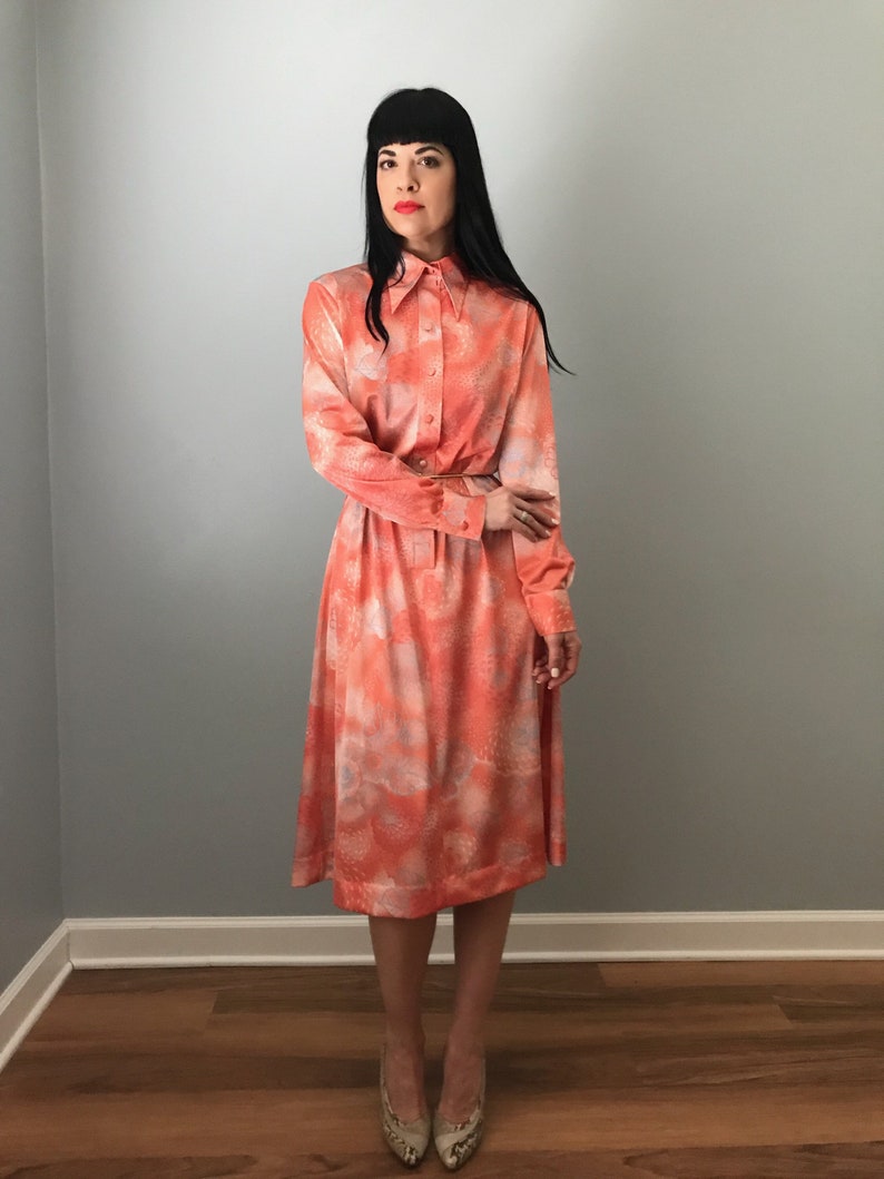 70s LANVIN floral print shirt dress butterfly collared coral long sleeve dress image 1