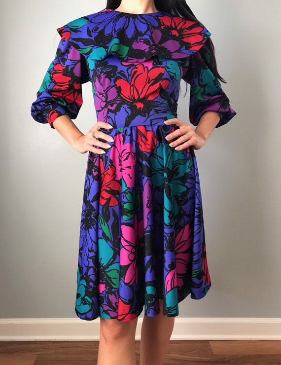 70s floral dress | polyester flower power collared