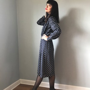50s dress navy blue polka dot silk dress with bow 50s pin up dress image 3