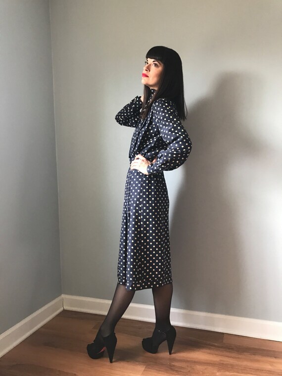 50s dress navy blue polka dot silk dress with bow… - image 3