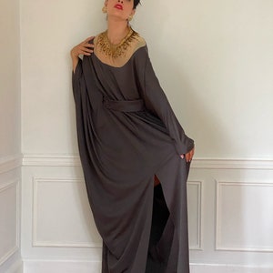 70s LILLI DIAMOND of California kaftan dress mocha brown belted dress with embellished neckline image 5