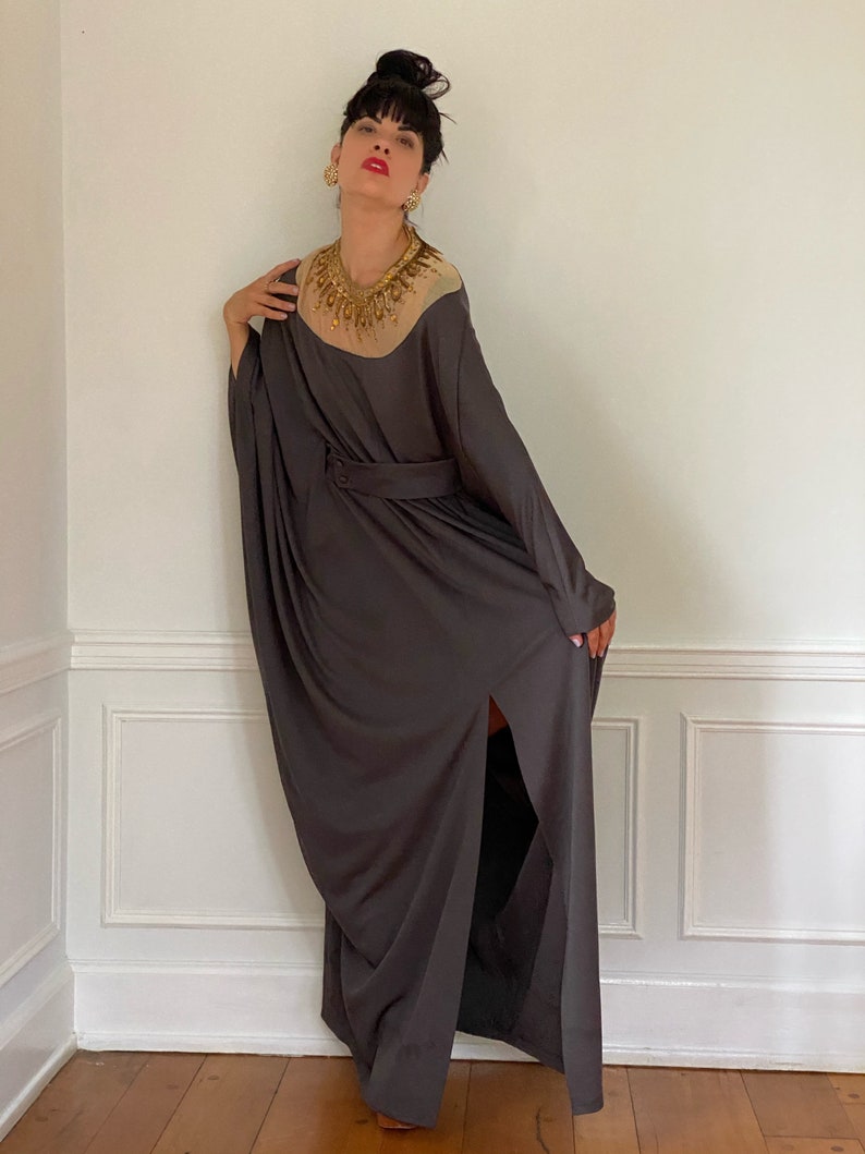 70s LILLI DIAMOND of California kaftan dress mocha brown belted dress with embellished neckline image 5