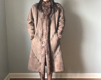 80s fur coat| genuine SHEARLING FUR | LAMBSKIN leather suede long maxi coat