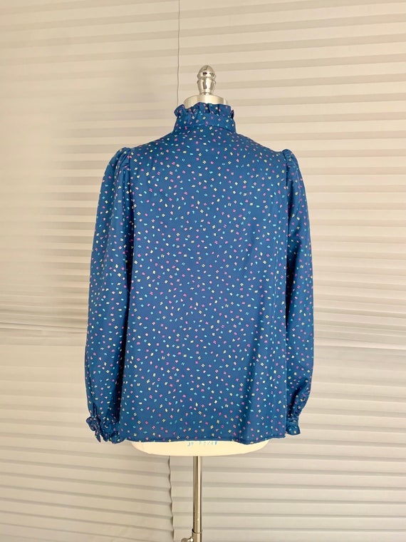 1980s Navy Blue Patterned Blouse - image 6