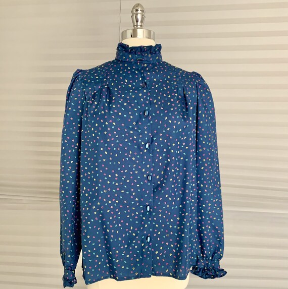 1980s Navy Blue Patterned Blouse - image 1