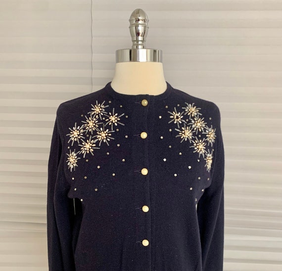 Vintage 1980s Navy Blue Beaded Cashmere Sweater - image 5