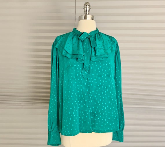 1970s 1980s Emerald Green Tie-Neck Blouse - image 1