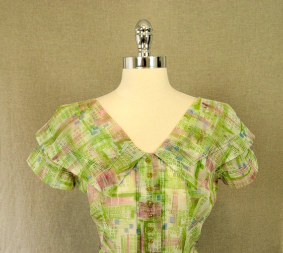 1950s Dress / Vintage Green Sheer Print Dress