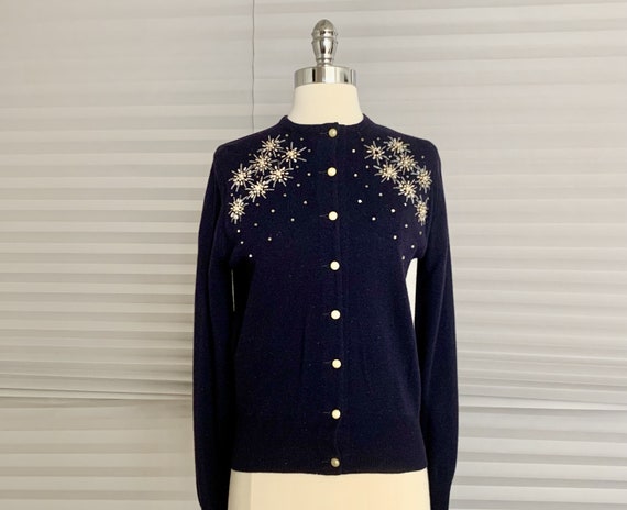 Vintage 1980s Navy Blue Beaded Cashmere Sweater - image 1