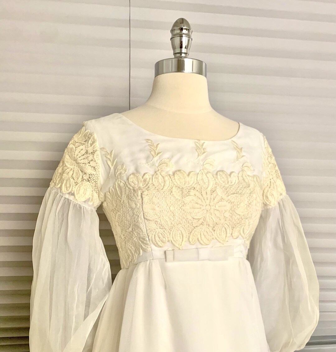 60's Ivory Satin Wedding Dress with Lace Trim and Flower Appliqué by Alfred Angelo Original main image 0