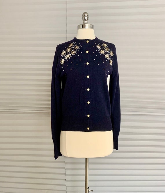 Vintage 1980s Navy Blue Beaded Cashmere Sweater - image 2