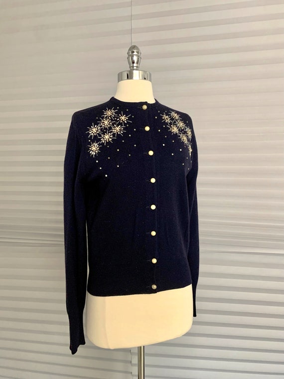 Vintage 1980s Navy Blue Beaded Cashmere Sweater - image 3
