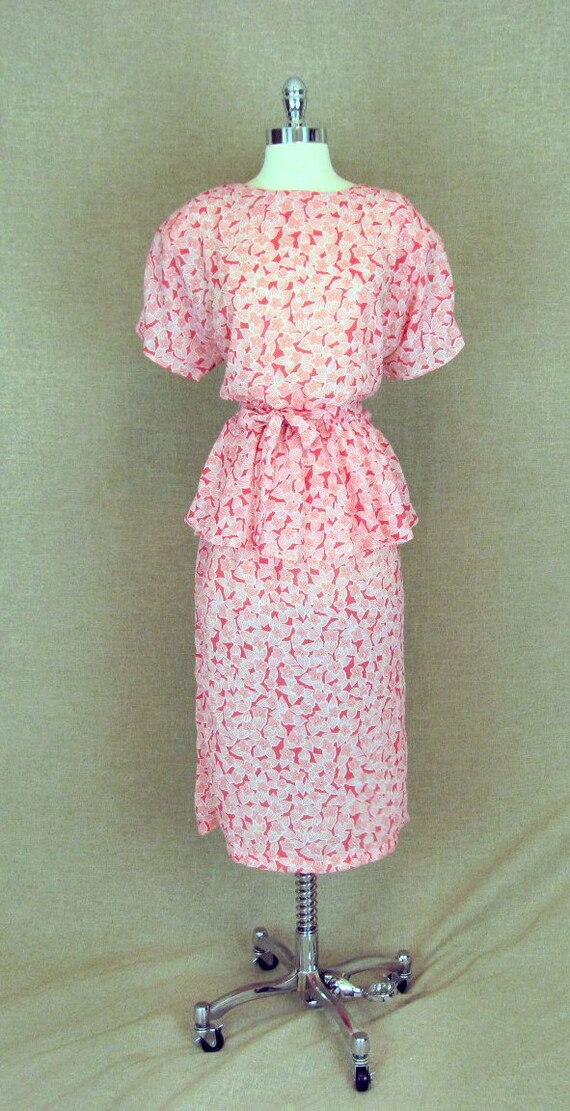 SALE - Vintage 70s80s Dress / Pink Floral Peplum … - image 2
