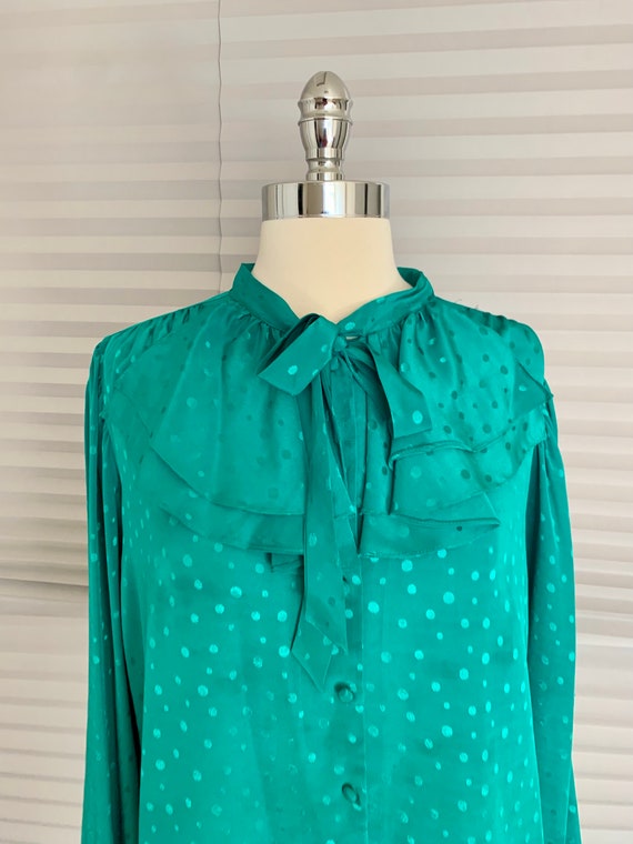 1970s 1980s Emerald Green TieNeck Blouse Gem