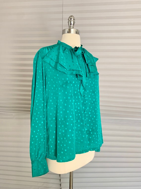 1970s 1980s Emerald Green TieNeck Blouse Gem