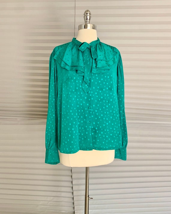 1970s 1980s Emerald Green TieNeck Blouse Gem