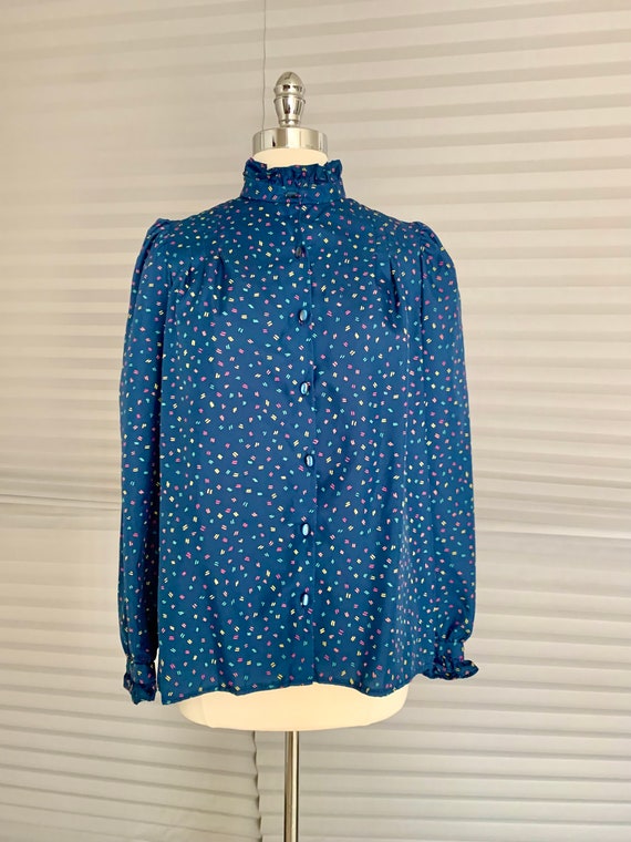 1980s Navy Blue Patterned Blouse - image 3