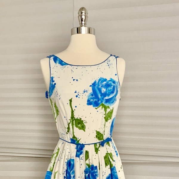 1950s White & Blue Floral Summer Dress