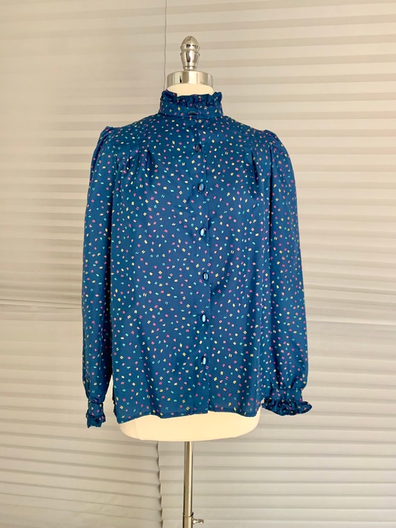 1980s Navy Blue Patterned Blouse - image 2