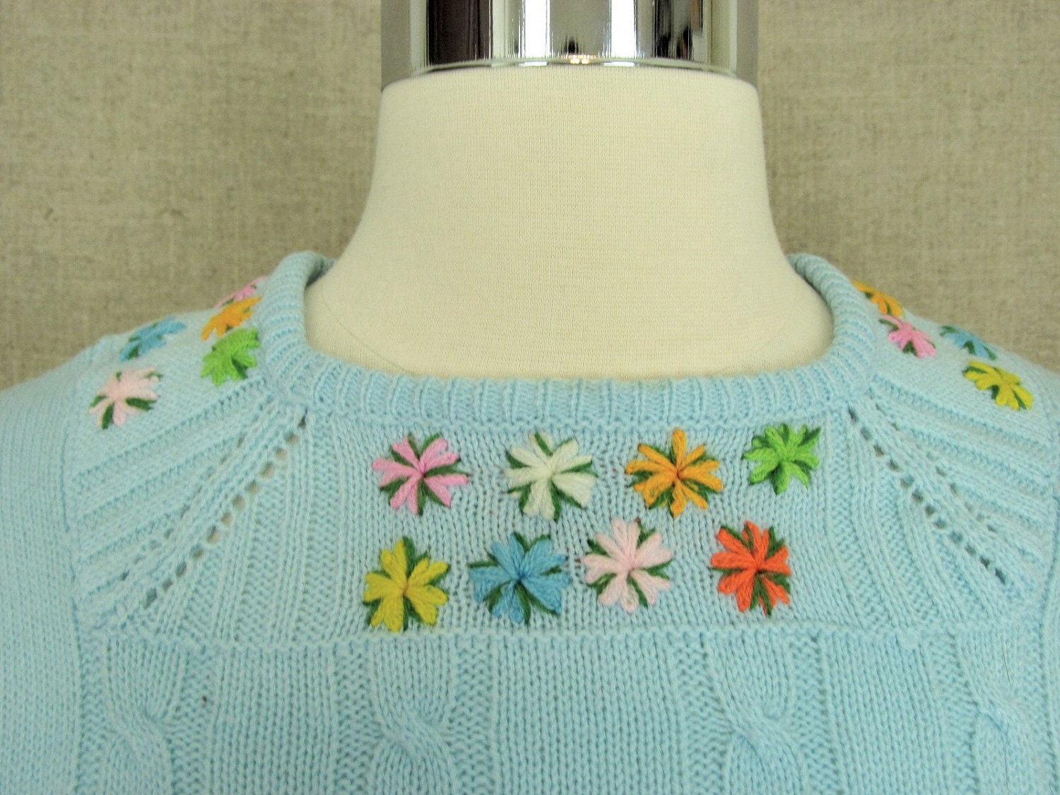 SALE Vintage Sweater / Blue Knit Sweater With Flowers - Etsy UK
