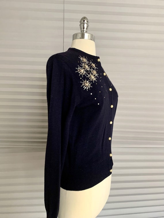 Vintage 1980s Navy Blue Beaded Cashmere Sweater - image 4