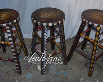 Whimsical Hand Painted Wood Bar Stool CUSTOM