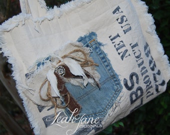 CANVAS DENIM HANDBAG Purse Tote Grain Feed Sack print ooak