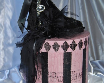 HAND Painted Hat Box French pink and black with High Heel Stiletto Shoe **SALE Price****FREE shipping***