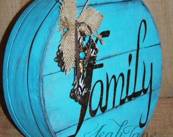 Hand Painted Teal Aqua Distressed "Family" Cross Round Wooden Cheese Storage Box   **   ***FREE SHIPPING***