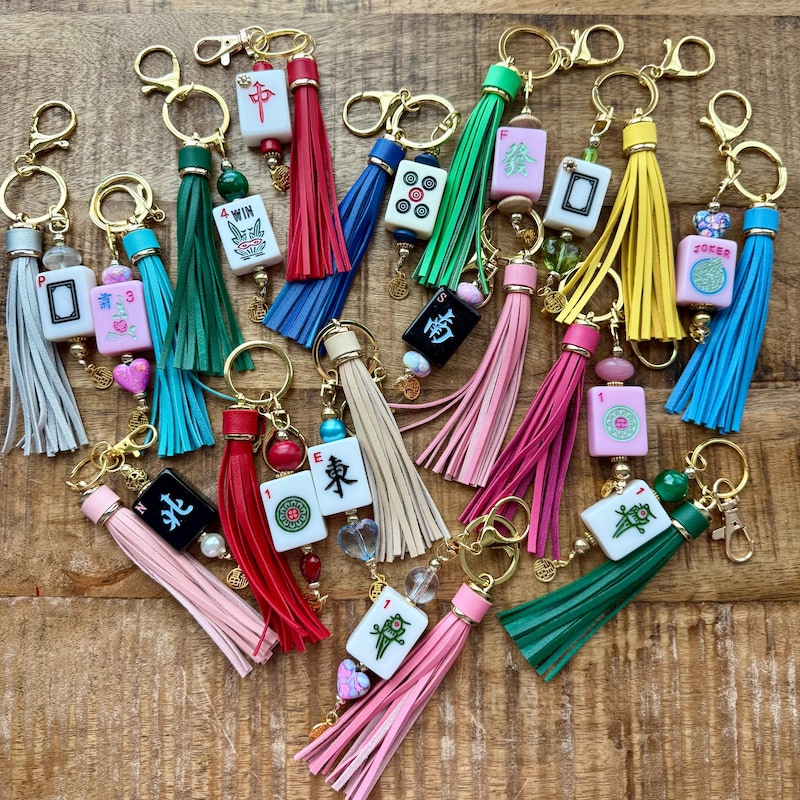 Handmade Mahjong Tile Bag Charm With Tassel, Mixed Beads Keychain Accessory, Cute Gift For Mahjong Lovers
