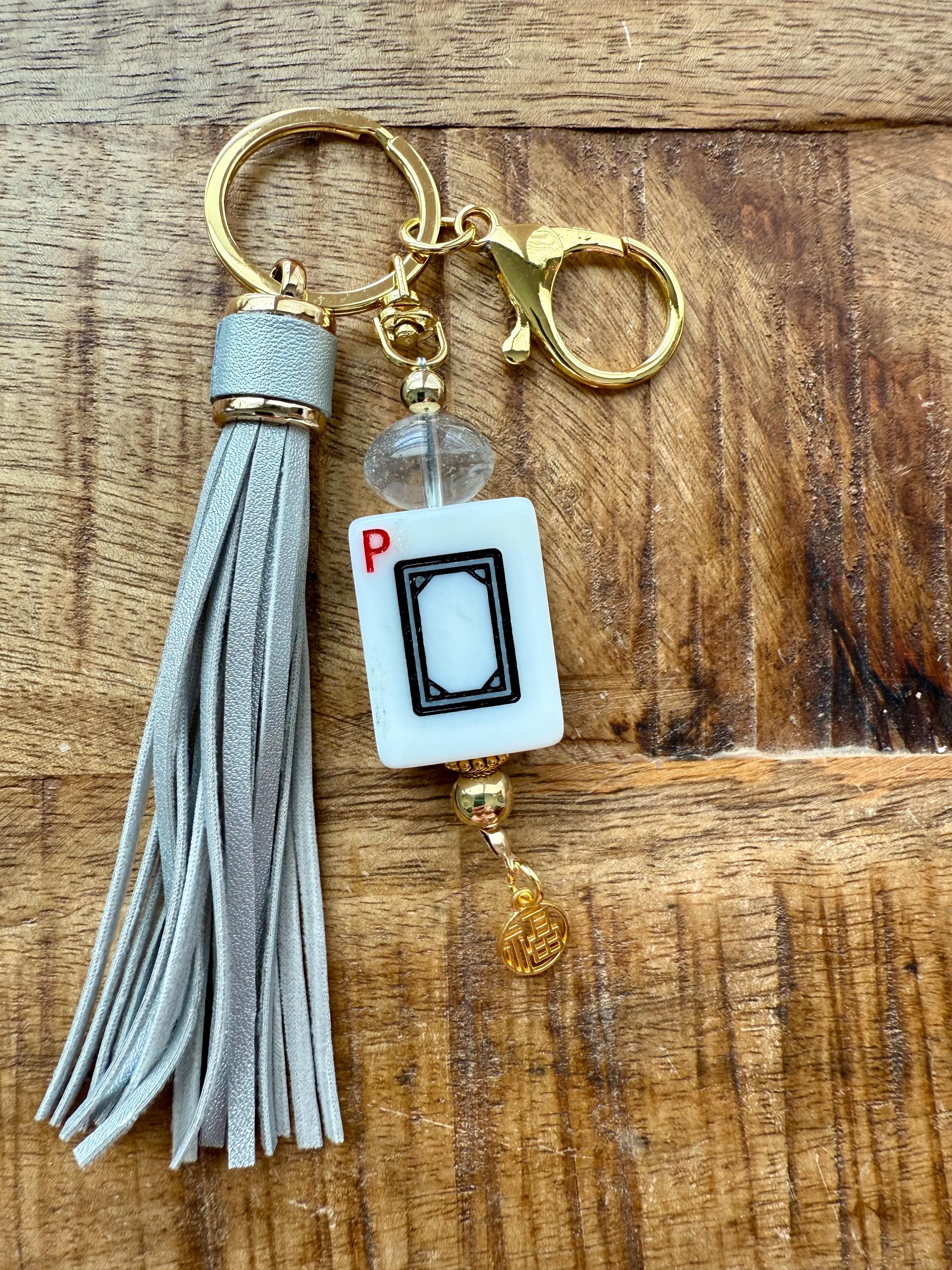 Handmade Mahjong Tile Bag Charm With Tassel, Mixed Beads Keychain Accessory, Cute Gift For Mahjong Lovers