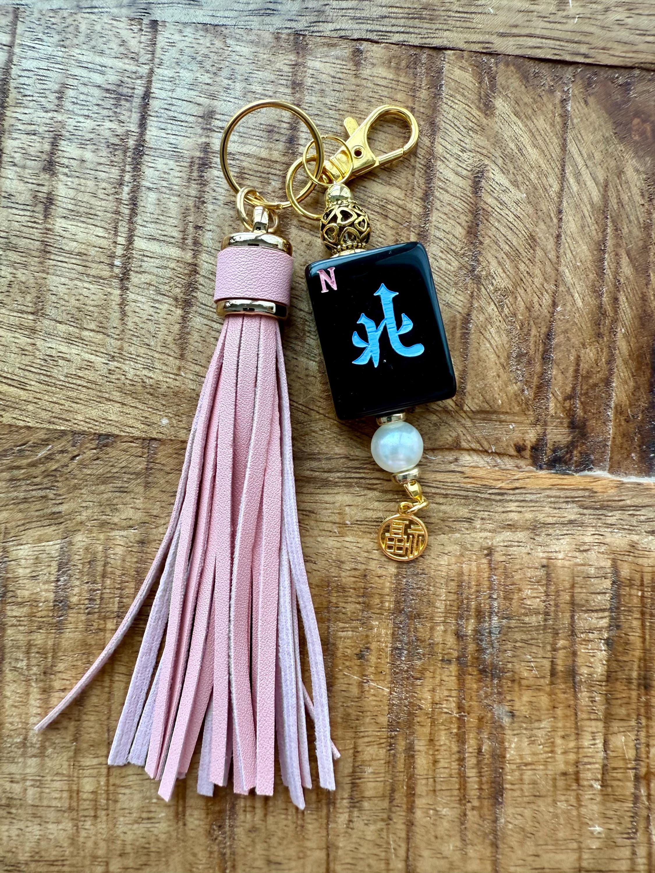 Handmade Mahjong Tile Bag Charm With Tassel, Mixed Beads Keychain Accessory, Cute Gift For Mahjong Lovers