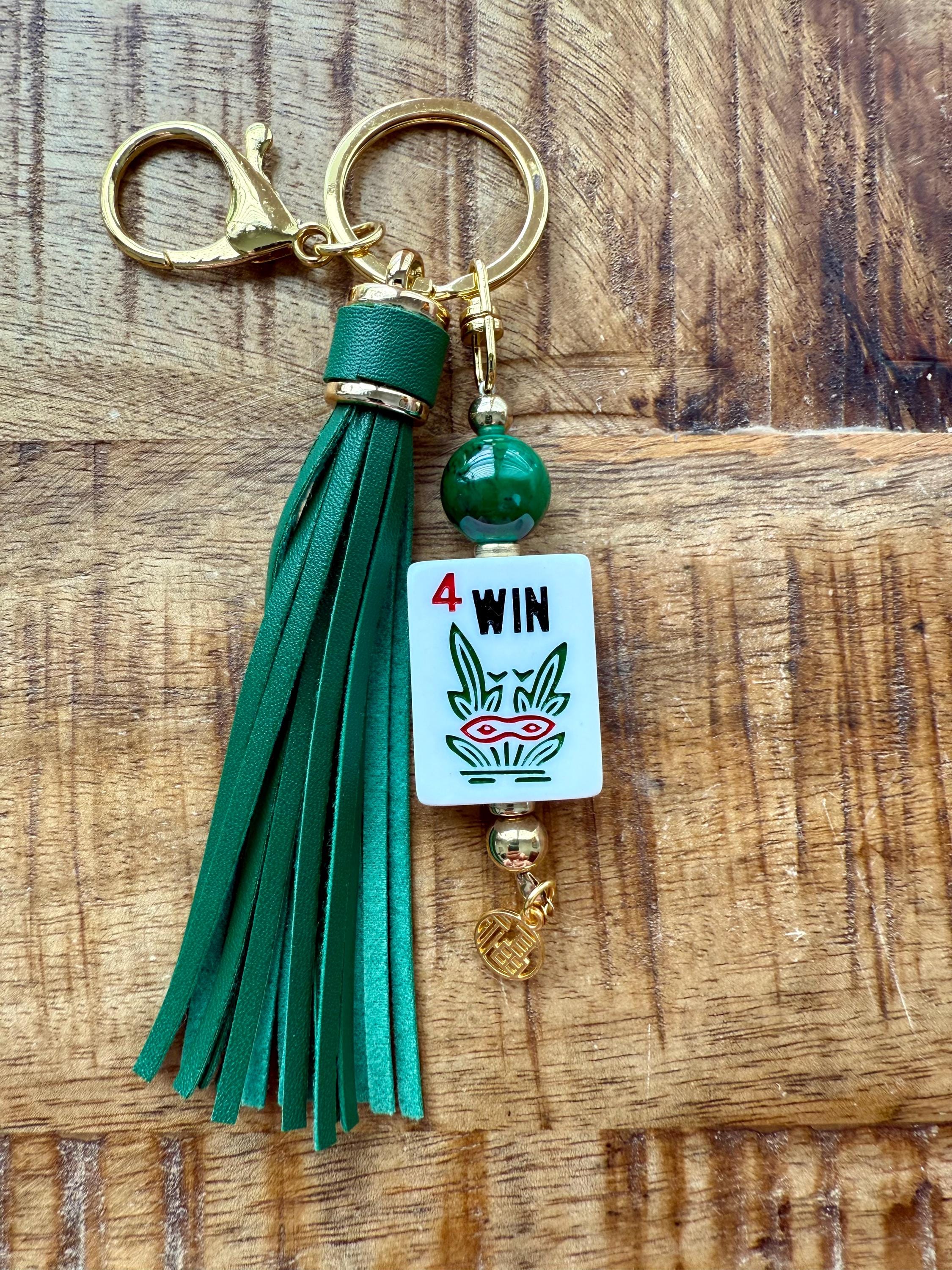 Handmade Mahjong Tile Bag Charm With Tassel, Mixed Beads Keychain Accessory, Cute Gift For Mahjong Lovers