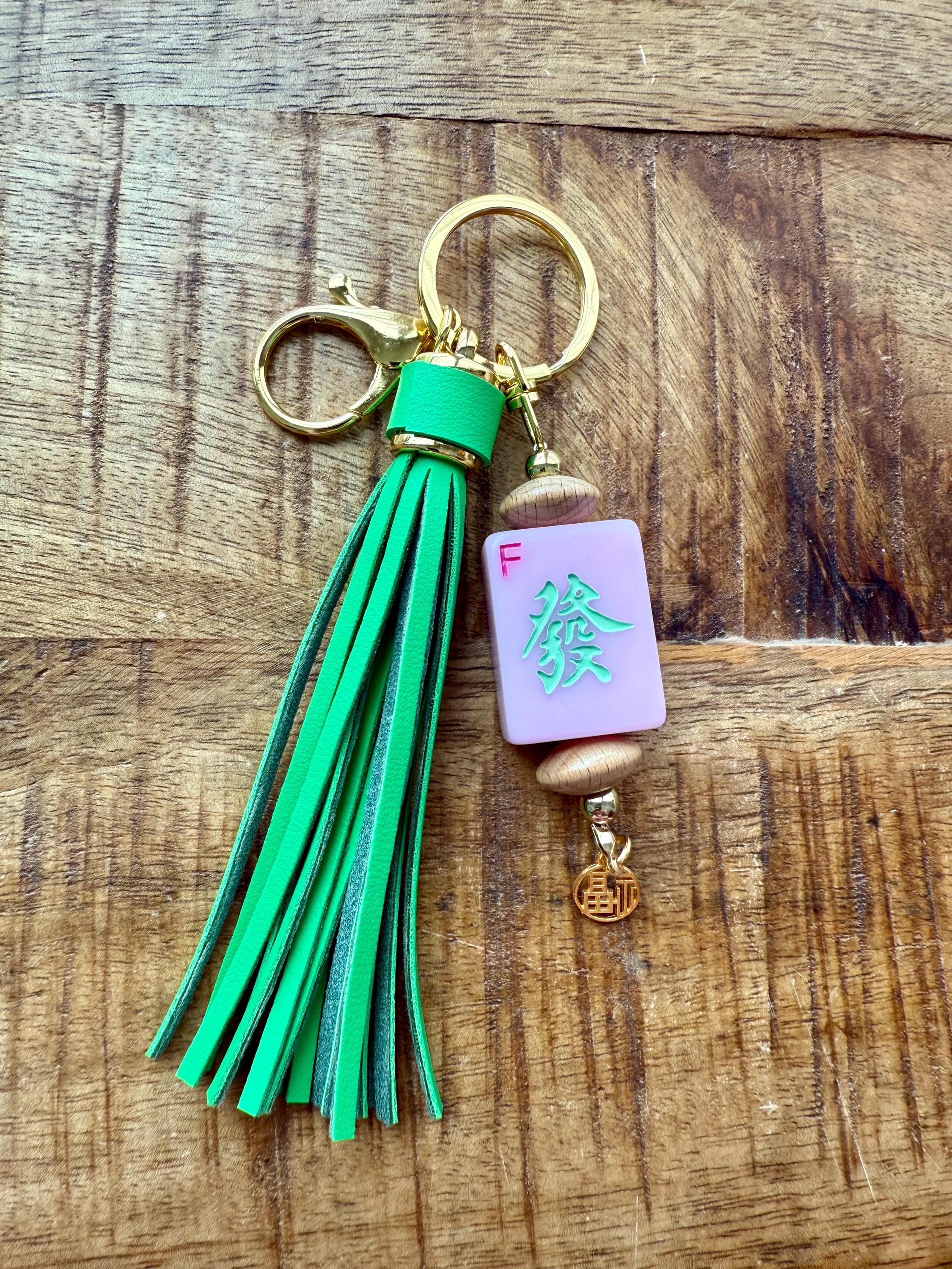 Handmade Mahjong Tile Bag Charm With Tassel, Mixed Beads Keychain Accessory, Cute Gift For Mahjong Lovers