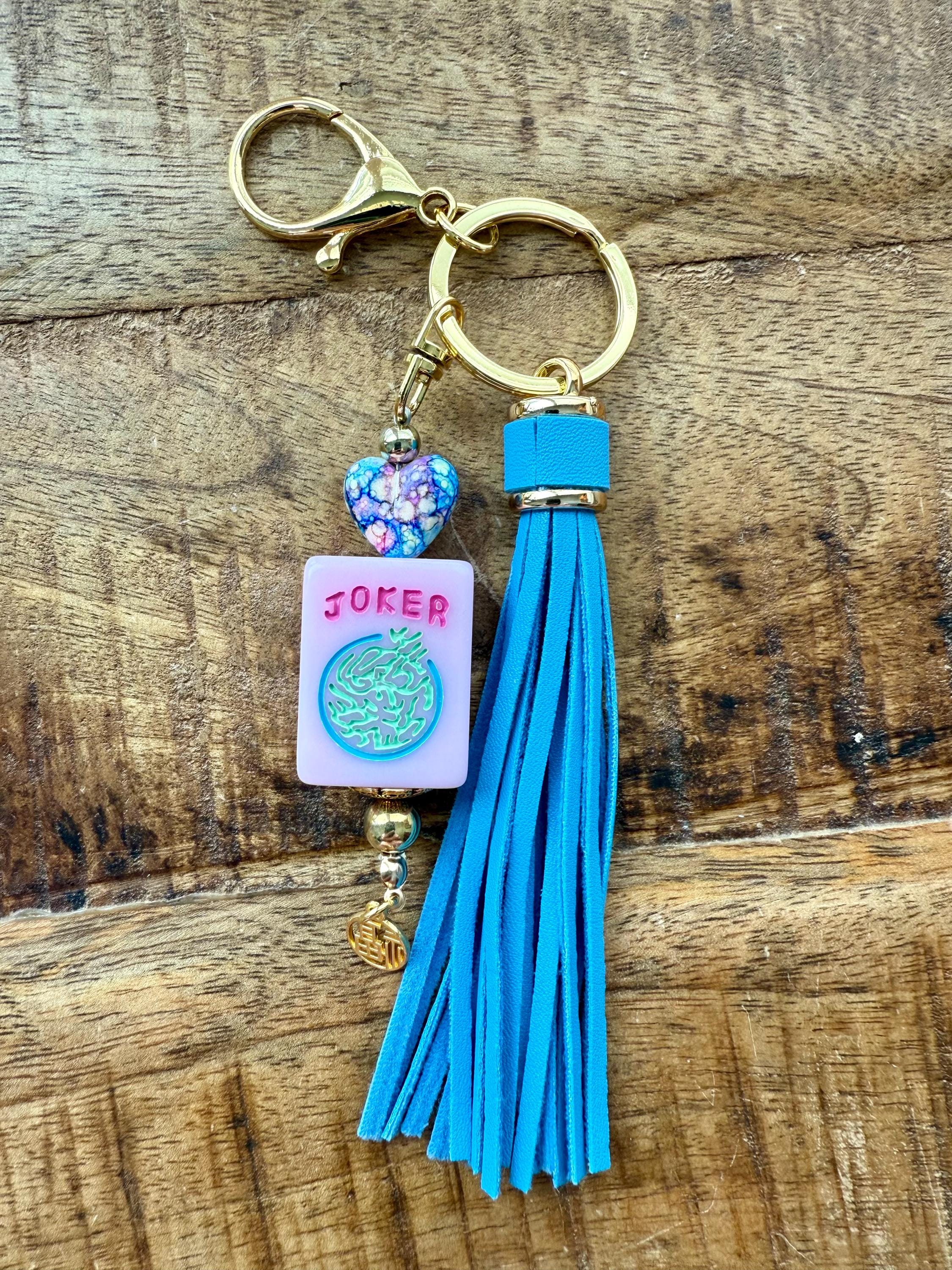 Handmade Mahjong Tile Bag Charm With Tassel, Mixed Beads Keychain Accessory, Cute Gift For Mahjong Lovers