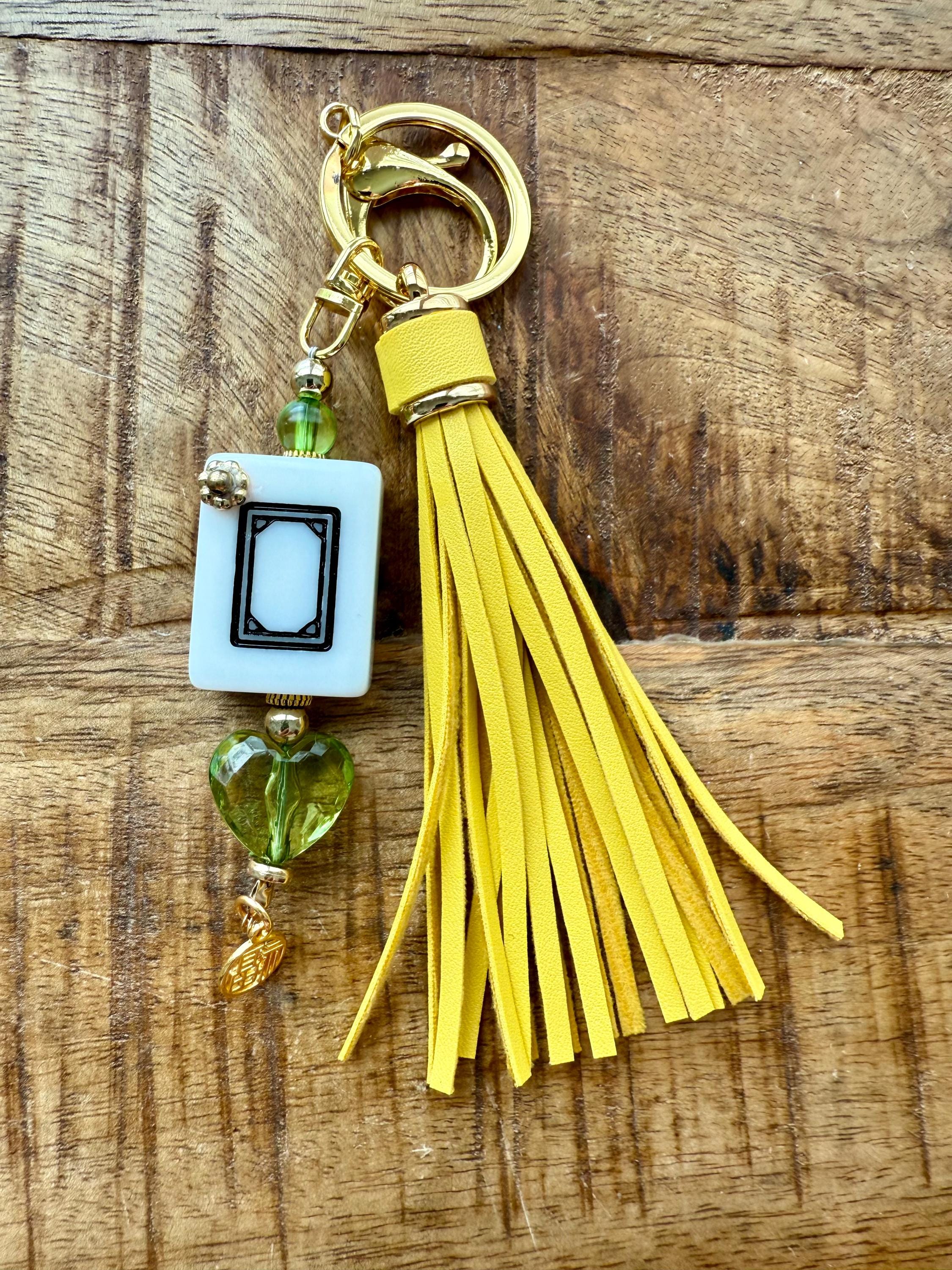 Handmade Mahjong Tile Bag Charm With Tassel, Mixed Beads Keychain Accessory, Cute Gift For Mahjong Lovers