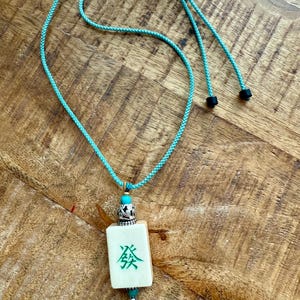 Unique Vintage Bone and Bamboo Mahjong Green Dragon Tile Adjustable Length Necklace