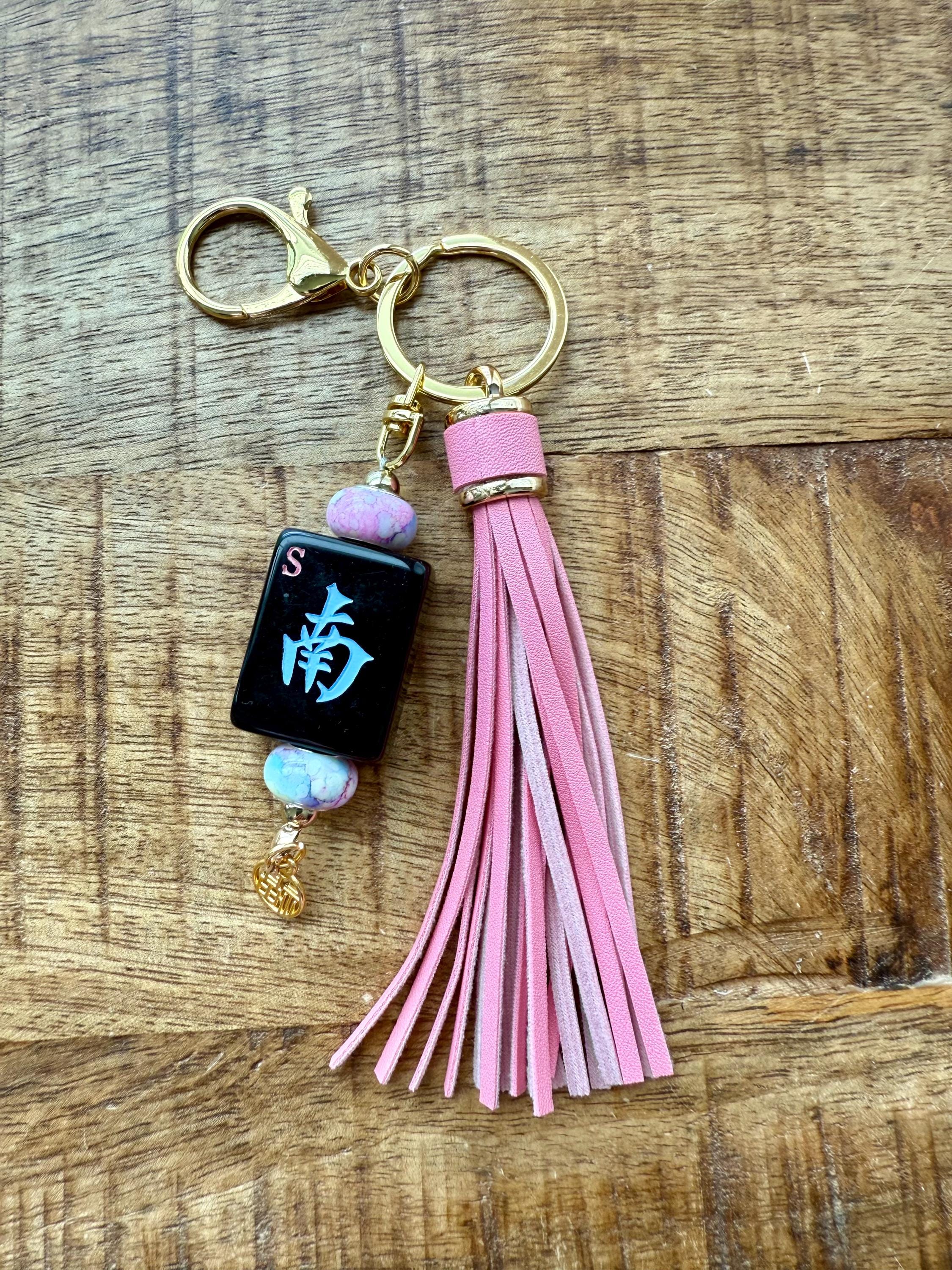 Handmade Mahjong Tile Bag Charm With Tassel, Mixed Beads Keychain Accessory, Cute Gift For Mahjong Lovers