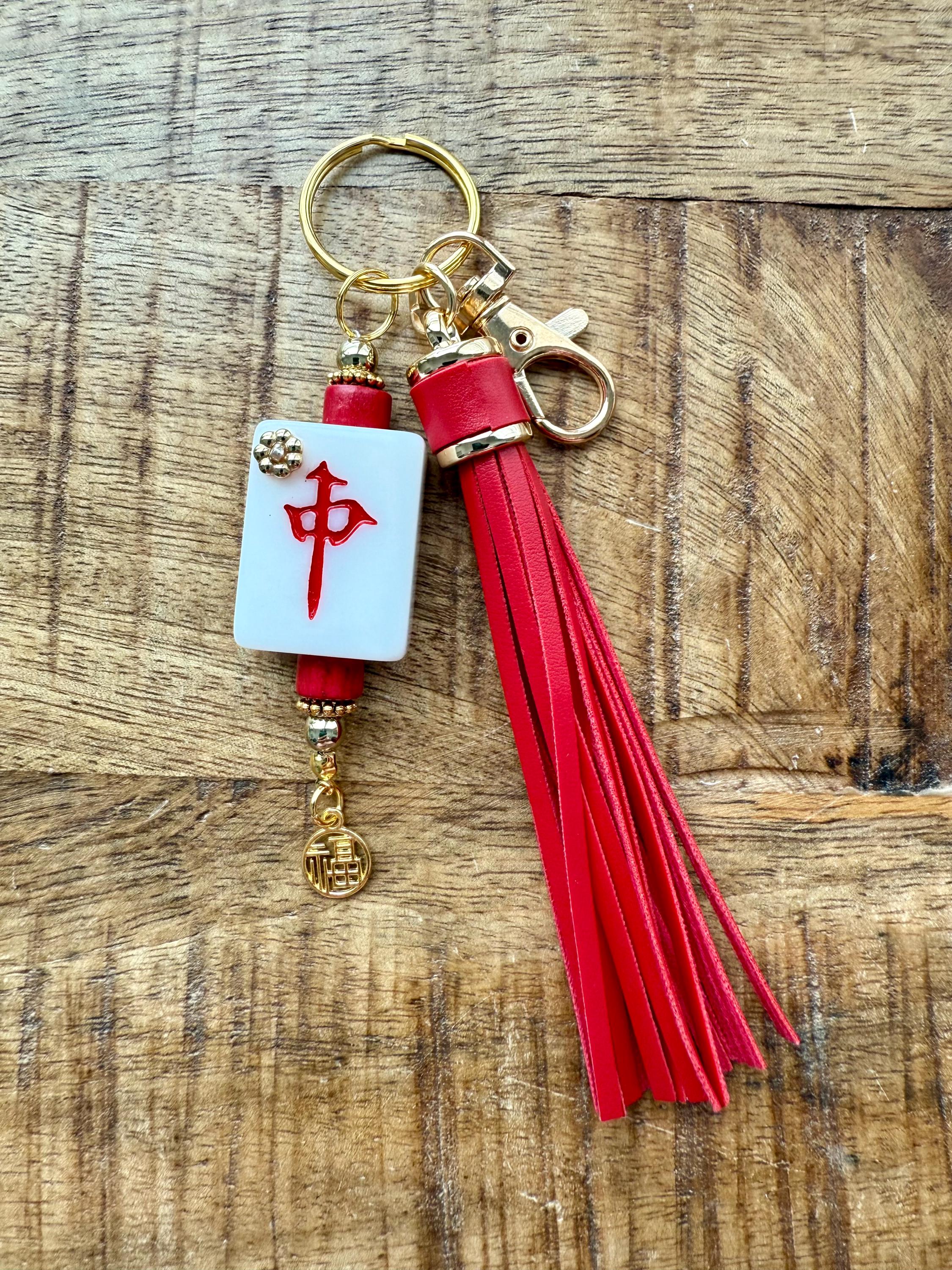 Handmade Mahjong Tile Bag Charm With Tassel, Mixed Beads Keychain Accessory, Cute Gift For Mahjong Lovers