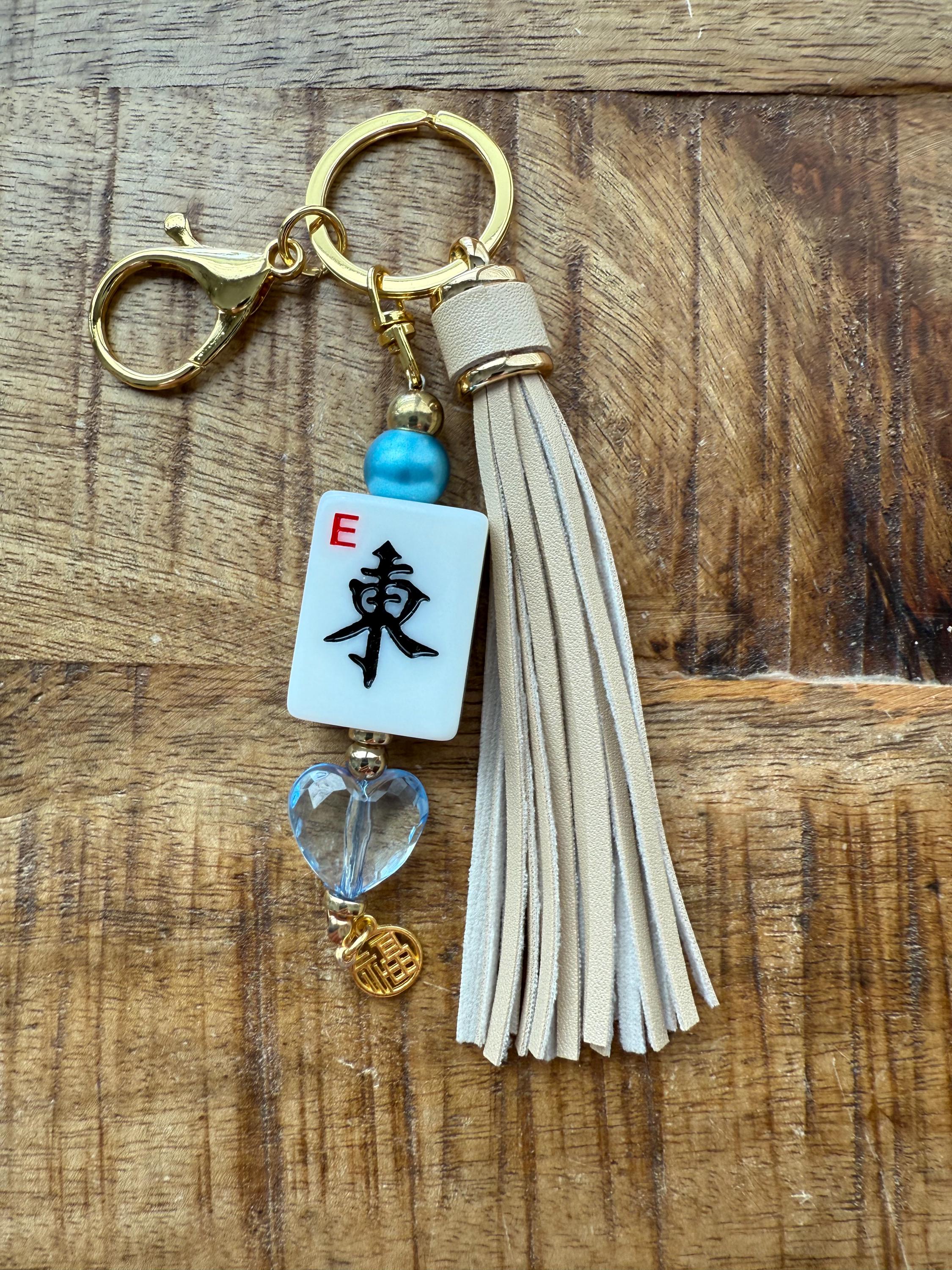 Handmade Mahjong Tile Bag Charm With Tassel, Mixed Beads Keychain Accessory, Cute Gift For Mahjong Lovers