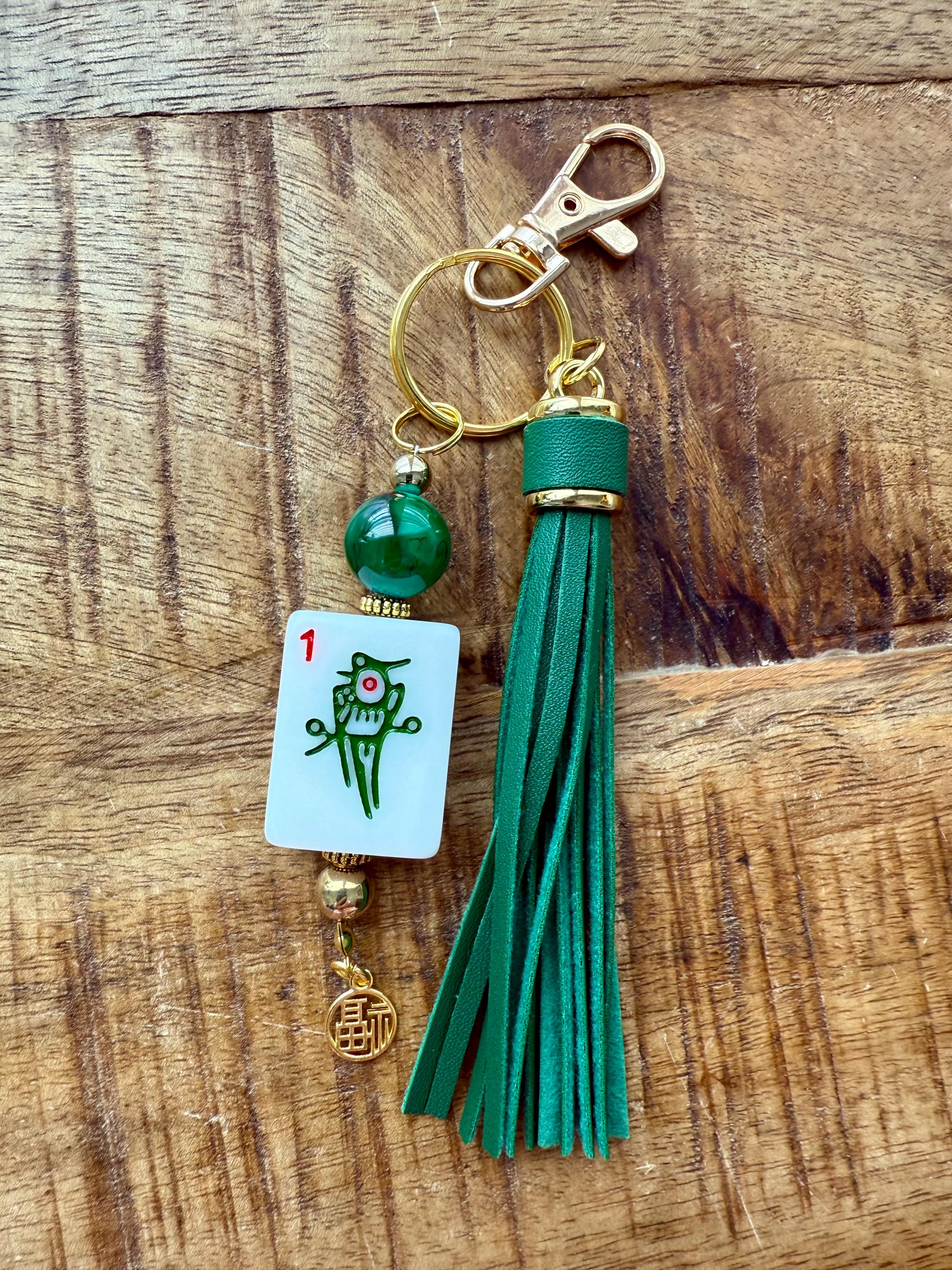 Handmade Mahjong Tile Bag Charm With Tassel, Mixed Beads Keychain Accessory, Cute Gift For Mahjong Lovers