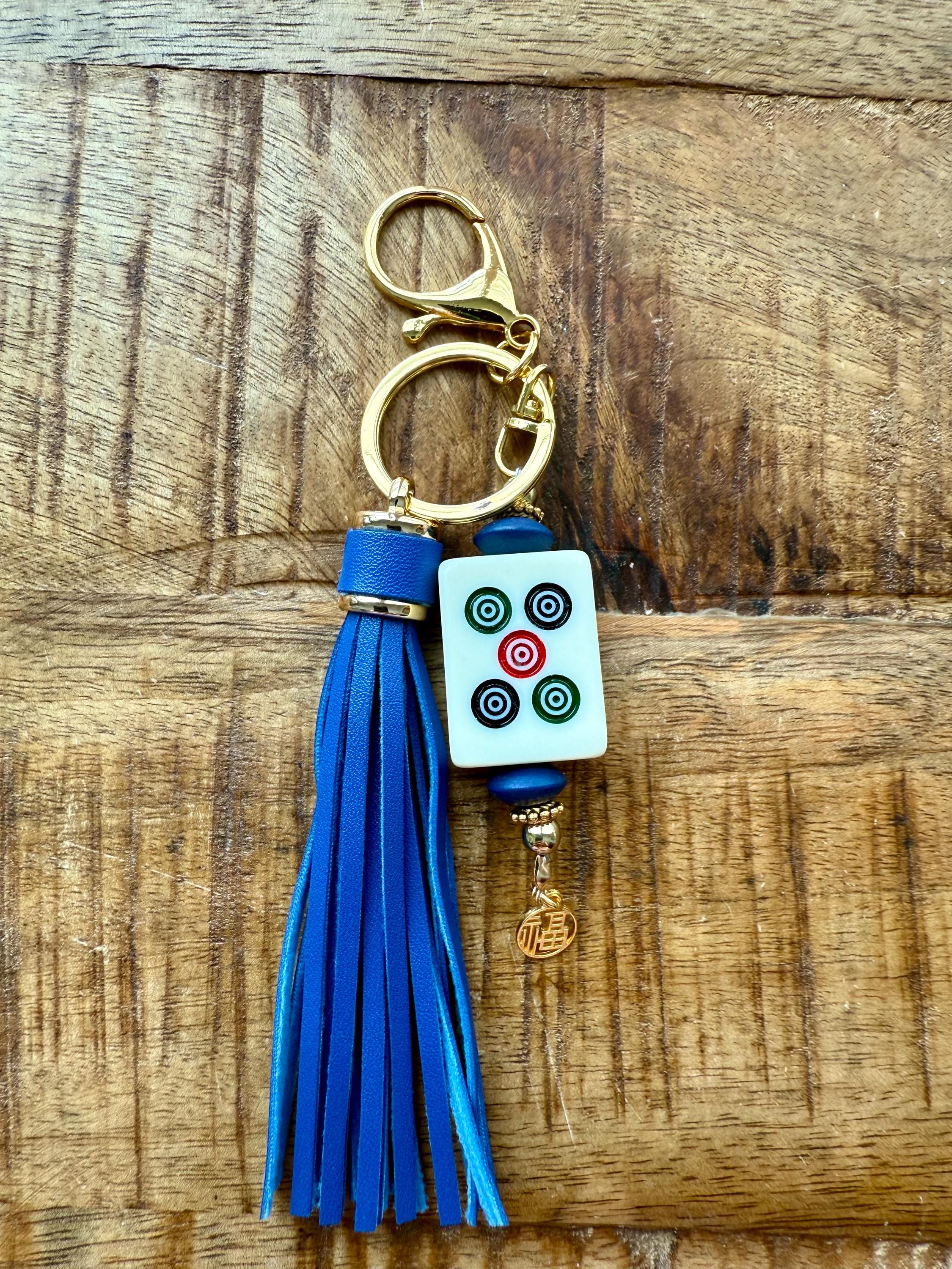 Handmade Mahjong Tile Bag Charm With Tassel, Mixed Beads Keychain Accessory, Cute Gift For Mahjong Lovers