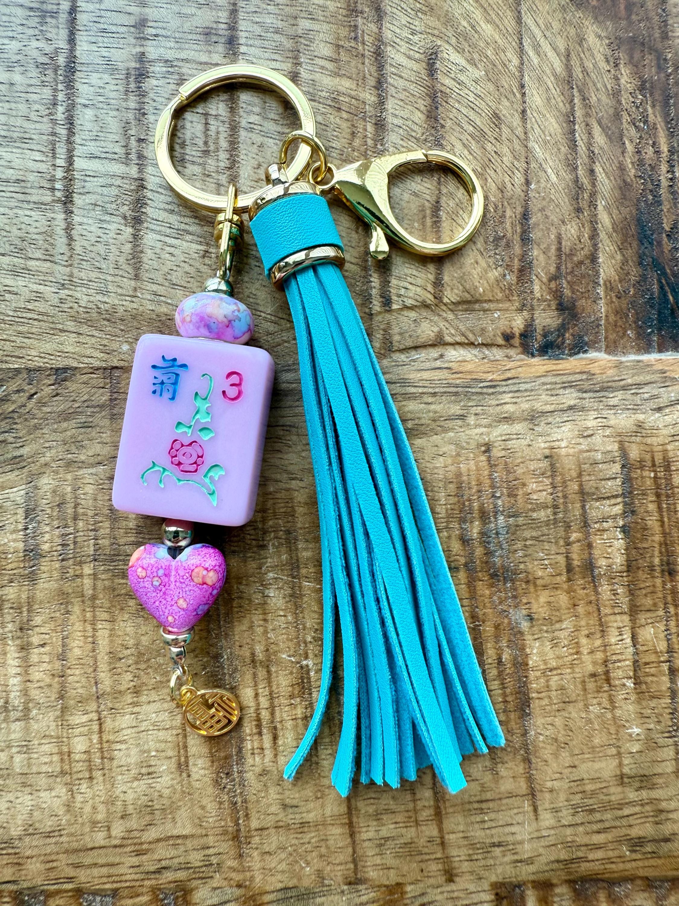 Handmade Mahjong Tile Bag Charm With Tassel, Mixed Beads Keychain Accessory, Cute Gift For Mahjong Lovers