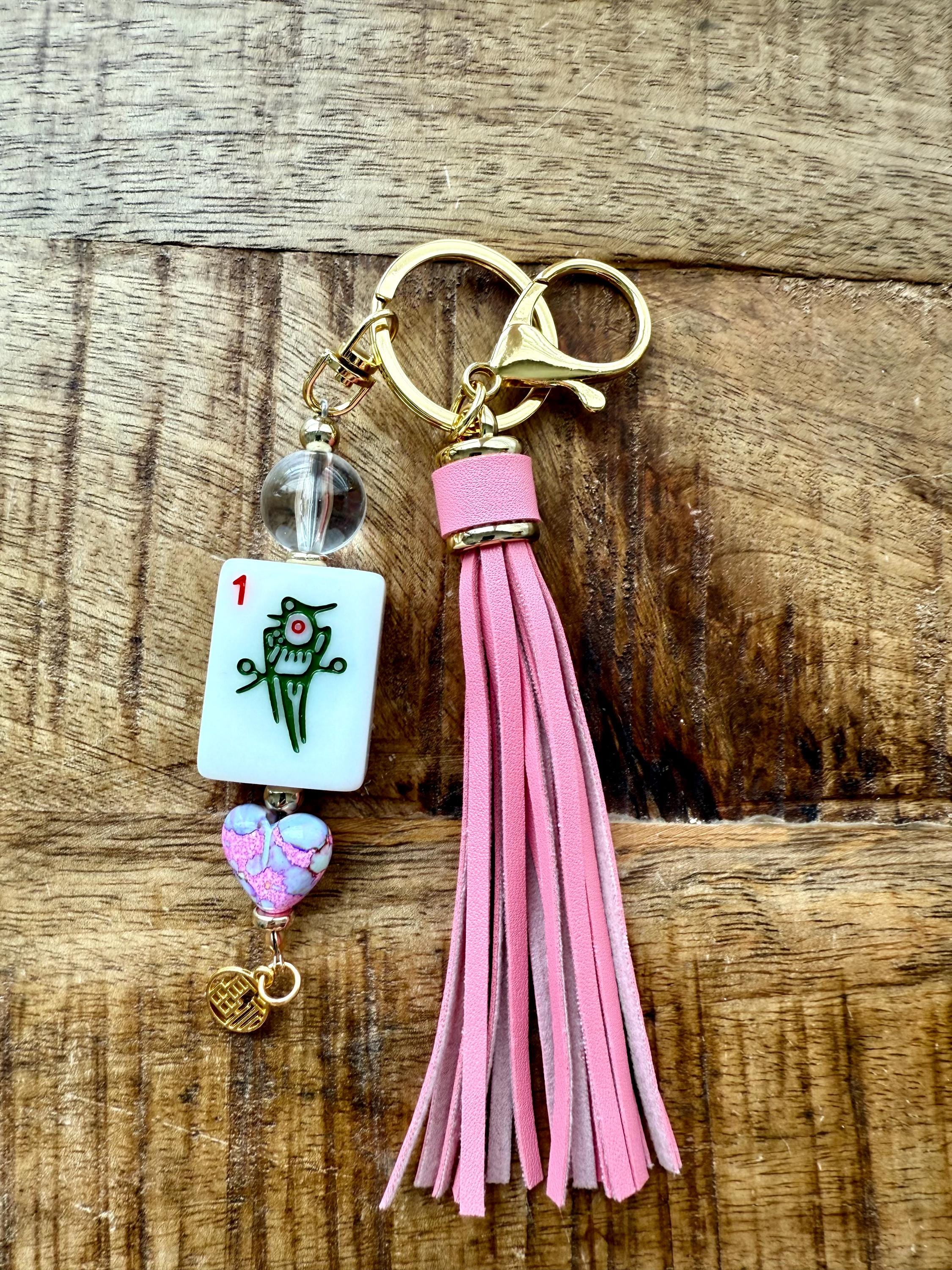 Handmade Mahjong Tile Bag Charm With Tassel, Mixed Beads Keychain Accessory, Cute Gift For Mahjong Lovers