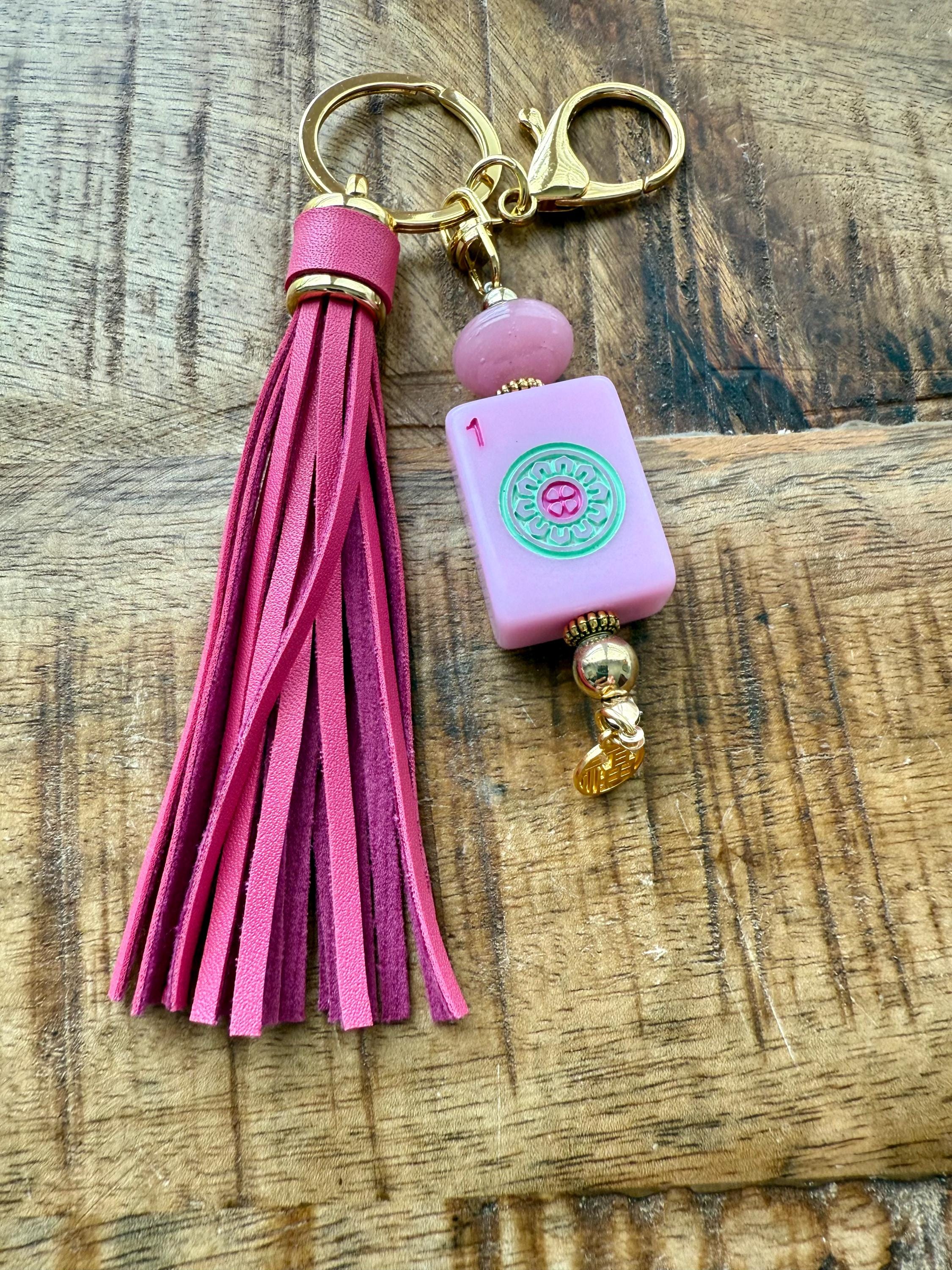 Handmade Mahjong Tile Bag Charm With Tassel, Mixed Beads Keychain Accessory, Cute Gift For Mahjong Lovers