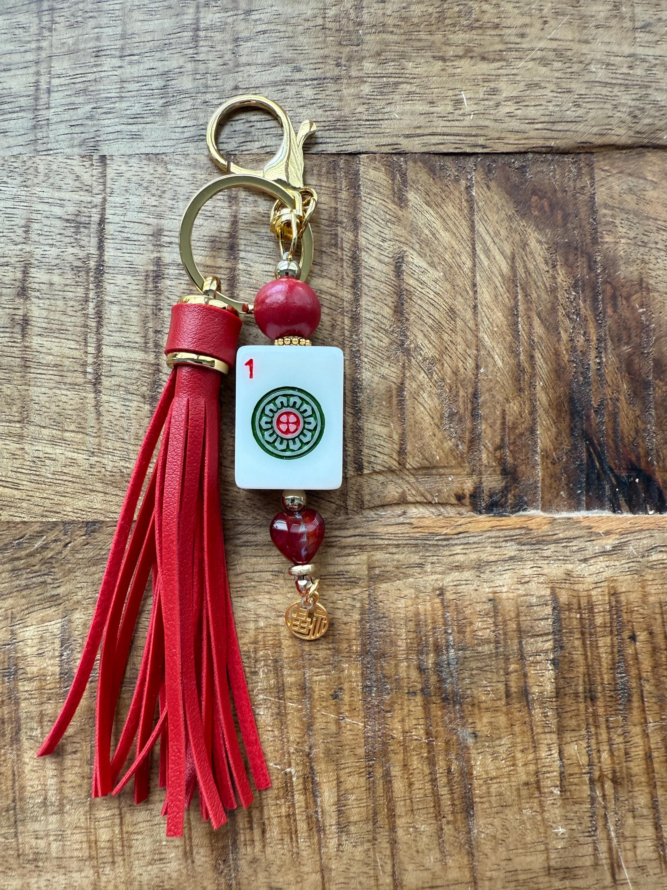 Handmade Mahjong Tile Bag Charm With Tassel, Mixed Beads Keychain Accessory, Cute Gift For Mahjong Lovers