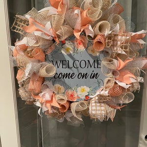 Deco Mesh Ribbon Wreath, Welcome Wreath 24&quot;, Peach and Teal Accents, Entryway Decor, Home Accent