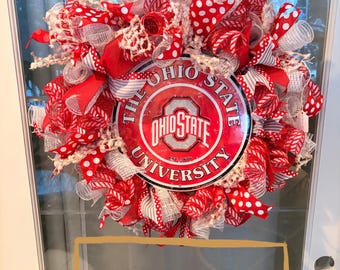 OSU Themed Wreath 24”, Ohio State licensed decor sign seperate, Ohio Decor, Buckeye Gift,