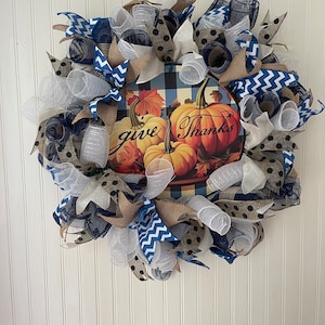 Fall Ribbon Wreath, Give Thanks, Pumpkin 24&quot; Wreath, Thanksgiving Decor, Autumn Welcome, Harvest Home Decor