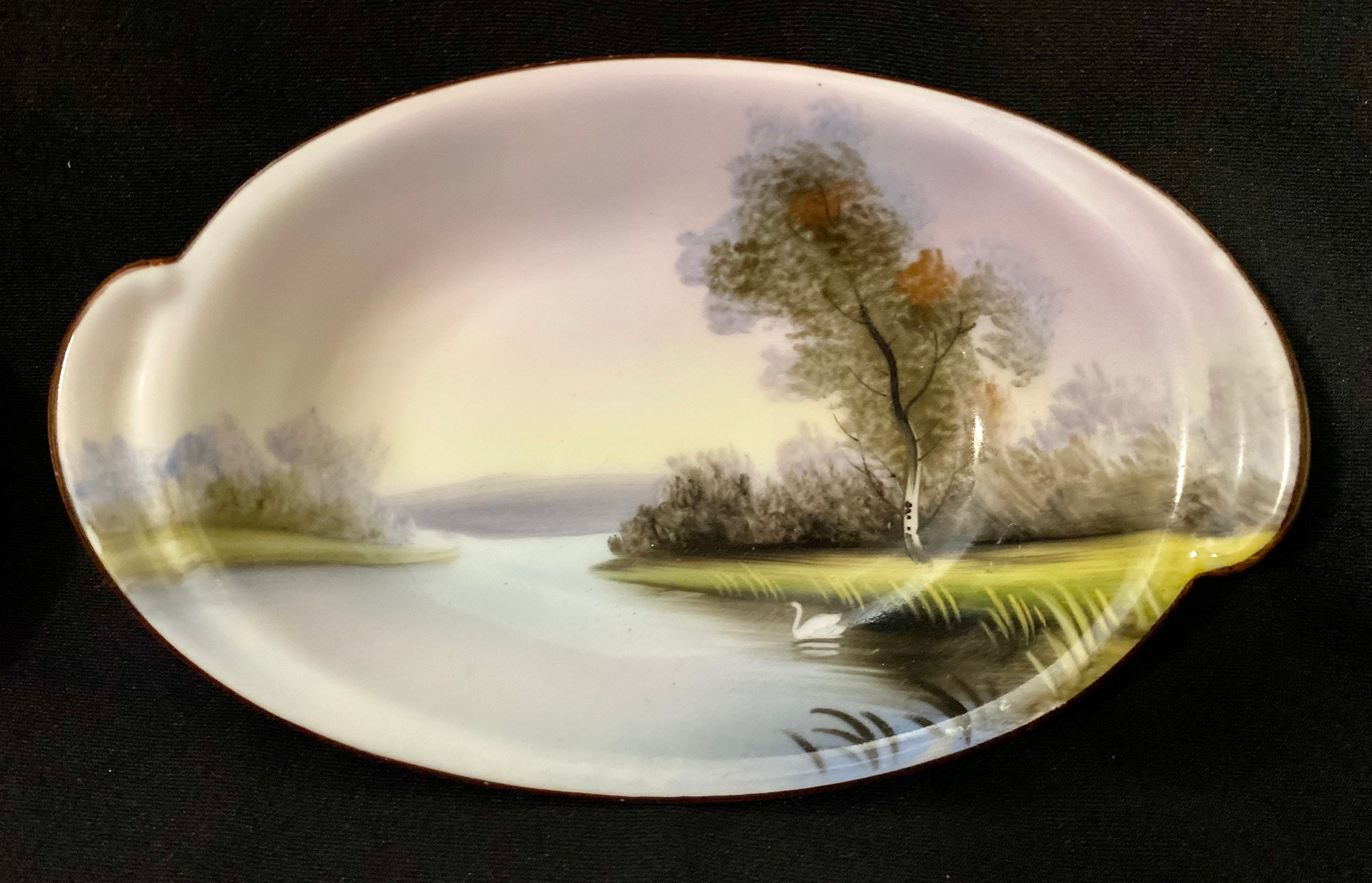 Antique Porcelain Noritake Swan Lake Oval Decorative Dish Etsy